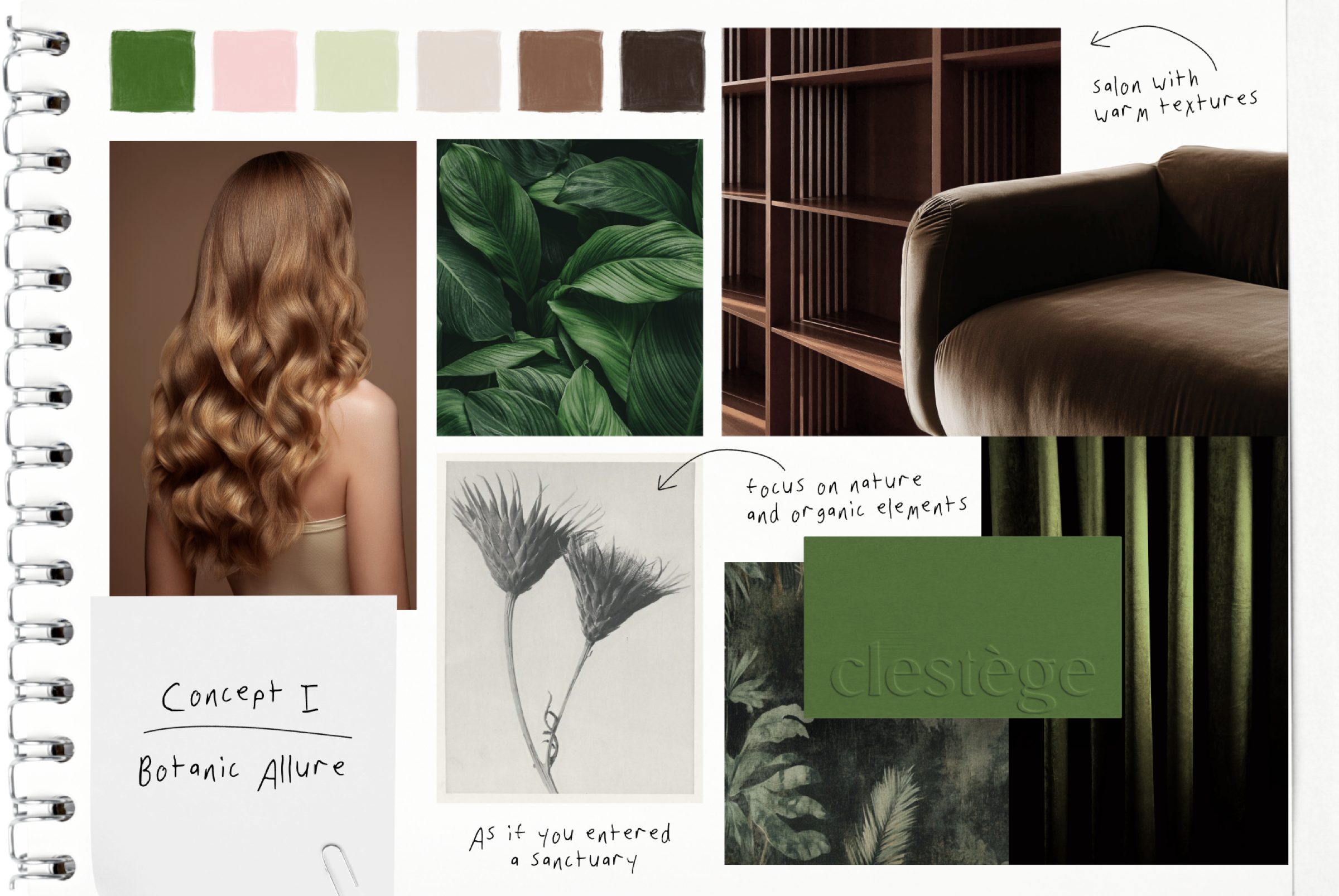 Concept I Botanic Allure moodboard — green and earthy palette, nature and organic elements